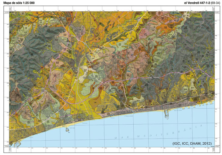 Figura 2. Mapa de sòls 1:25.000 corresponent al full del Vendrell 447-1-2 (69-34)