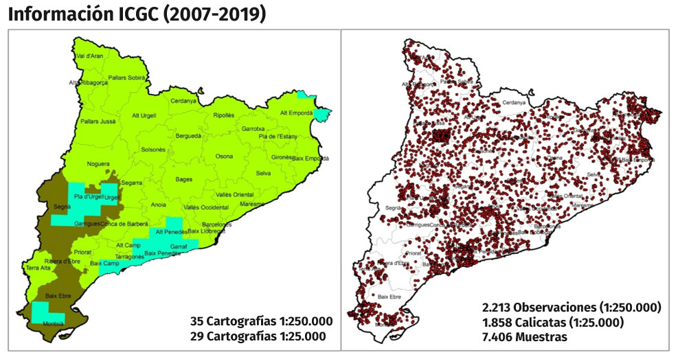 Información ICGC (2007-2019): 35 cartografías 1:250.000, 29 cartografías 1:25.000, 2.213 observaciones 1:250.000, 1.858 calicatas (1:25.000), 7.406 muestras