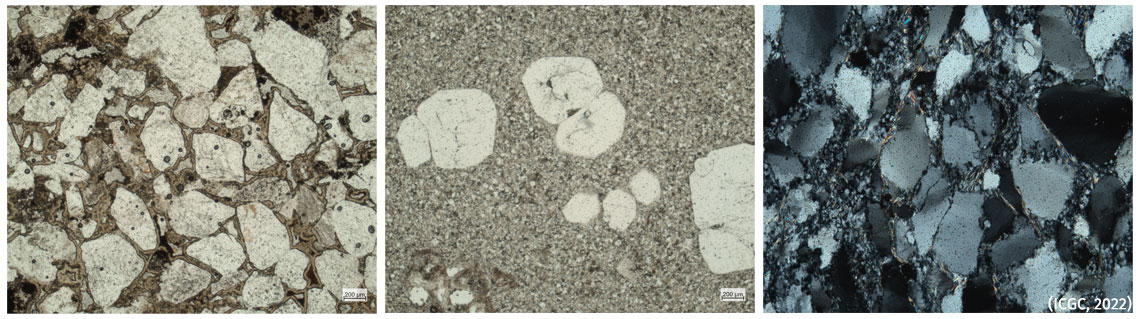 A l’esquerra, clastos de quars de color blanc d’un gres del Miocè de Montjuïc. Al centre, fenocristalls de quars d’un pòrfir leucogranític del Montseny. A la dreta, porfiroclastos de quars d’una quarsita del Cambroordovicià d’Andorra