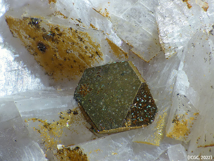 Cristall implantat de calcopirita, d’uns 3 mm, sobre dolomita