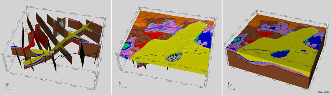 Building of the 3D geological model for the calculation of the deep geothermal potential: integration, model prior and obtaining the most probable geological model after the inversion.