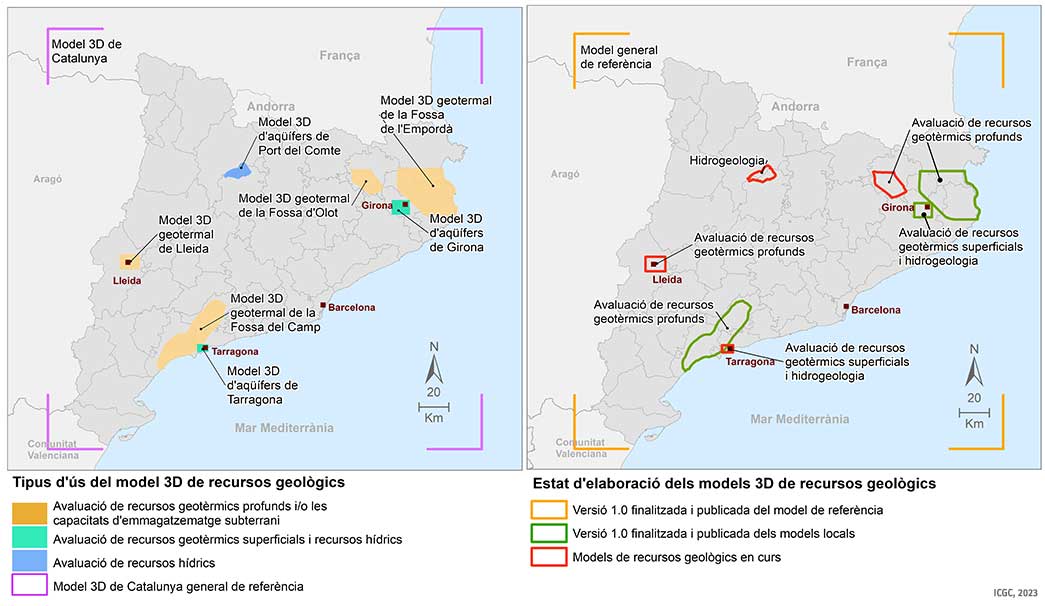 Status of the process of creating 3D models of geological resources in Catalonia. On the left are the 3D models based on their potential use. On the right, the state of preparation of each one of them (July 2023).