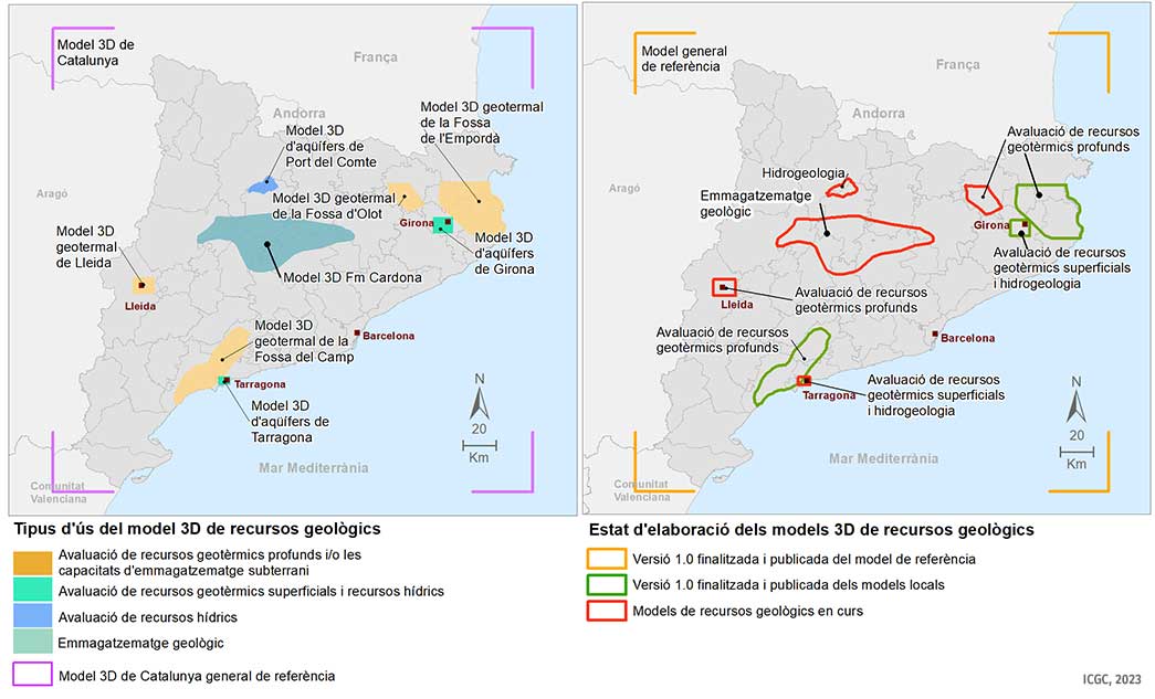 Estat del procés de creació de models 3D de recursos geològics a Catalunya. A l’esquerra els models 3D en funció del seu ús potencial. A la dreta l’estat d’elaboració de cadascun d’ells (Juliol 2023).