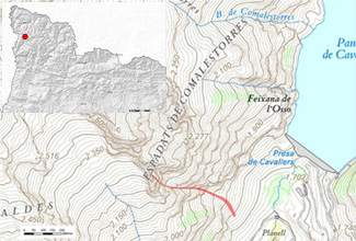 Localització de l'allau (Via l'Aranya Griposa, Presa de Cavallers). Alta Ribagorça (Pirineu occidental de Catalunya).