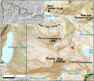 Mapa general de situació de l'allau. Vall de Boí, Alta Ribagorça (Pirineu occidental de Catalunya)