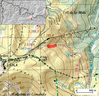 En vermell s'indica la zona on es va desencadenar l'allau. La Cerdanya (Pirineu oriental de Catalunya)