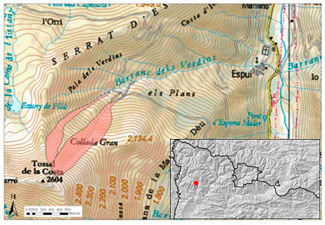Mapa general de situació de l'allau. Pallars Jussà (Pirineu Occidental de Catalunya).