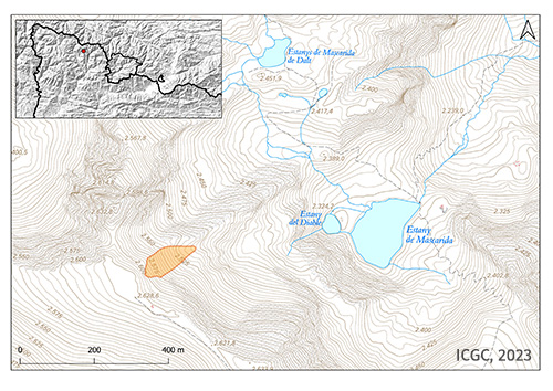 Mapa amb la cartografia de l’allau accidental en color taronja