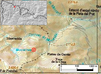 El cercle vermell indica la zona on es va desencadenar l'allau. Pallars Sobirà (Pirineu occidental de Catalunya).