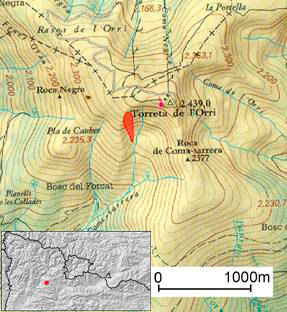 En vermell s'indica la zona on es va desencadenar l'allau. Pallars Sobirà (Pirineu occidental de Catalunya)