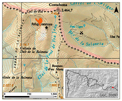 Mapa general de situación del alud Pala S del Costabona (Pirineo Oriental de Cataluña)