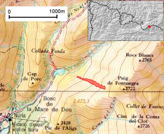 En vermell s'indica la zona on es va desencadenar l'allau. Ripollès (Pirineu oriental de Catalunya)