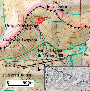 En rojo se indica la zona donde se desencadenó el alud. Ripollés (Pirineo oriental de Cataluña)