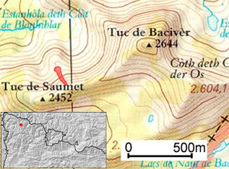 En vermell s'indica la zona on es va desencadenar l'allau. Val d'Aran (Pirineu occidental de Catalunya)