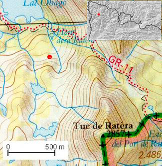 En rojo se indica la zona donde se desencadenó el alud. Val d'Aran (Pirineo occidental de Cataluña)