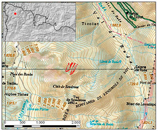 Mapa general de situación del alud.  Ladera NE del Malh Blanc de Tredòs (Pirineo occidental de Cataluña)