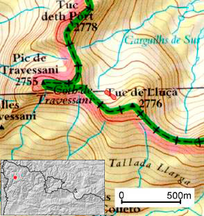 En rojo se indica la zona donde se desencadenó el alud. Alta Ribagorça - Val d'Aran (Pirineo occidental de Cataluña)