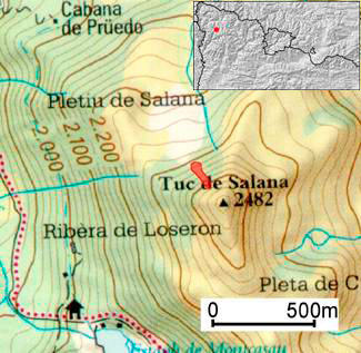 En vermell s'indica la zona on es va desencadenar l'allau. Val d'Aran (Pirineu occidental de Catalunya)
