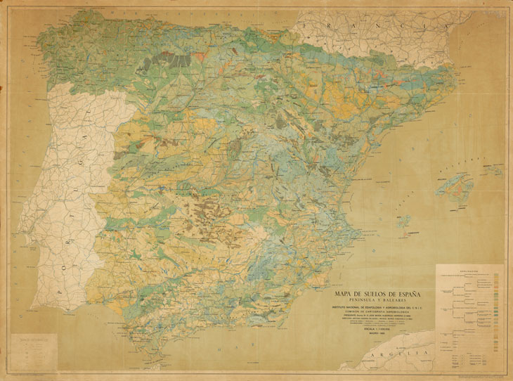 Figura 2. Mapa de suelos de España 1:1.000.000. Península y Baleares (Font: Instituto Nacional de Edafologia y Agrobiologia. CSIC, 1966)