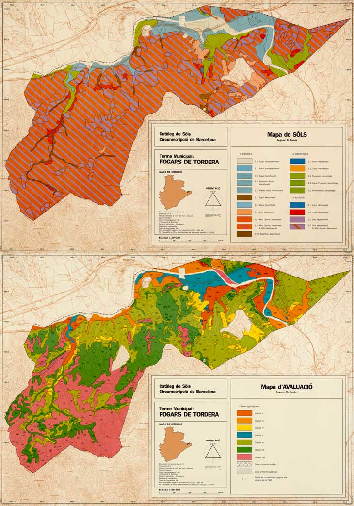 Figura 5. Mapa de suelos y Mapa de evaluación del término municipal de Fogars de Tordera. Catálogo de suelos de la circumscripción de Barcelona (Fuente: Diputació de Barcelona, 1984)