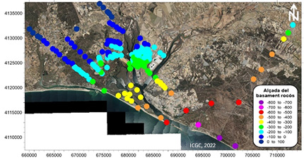 Distribución de los valores de la altura del basamento rocoso en el sector de Huelva calculado a partir de la frecuencia fundamental del suelo y la relación empírica Huelva-Sevilla. Coordenadas UTM 29N ETRS89