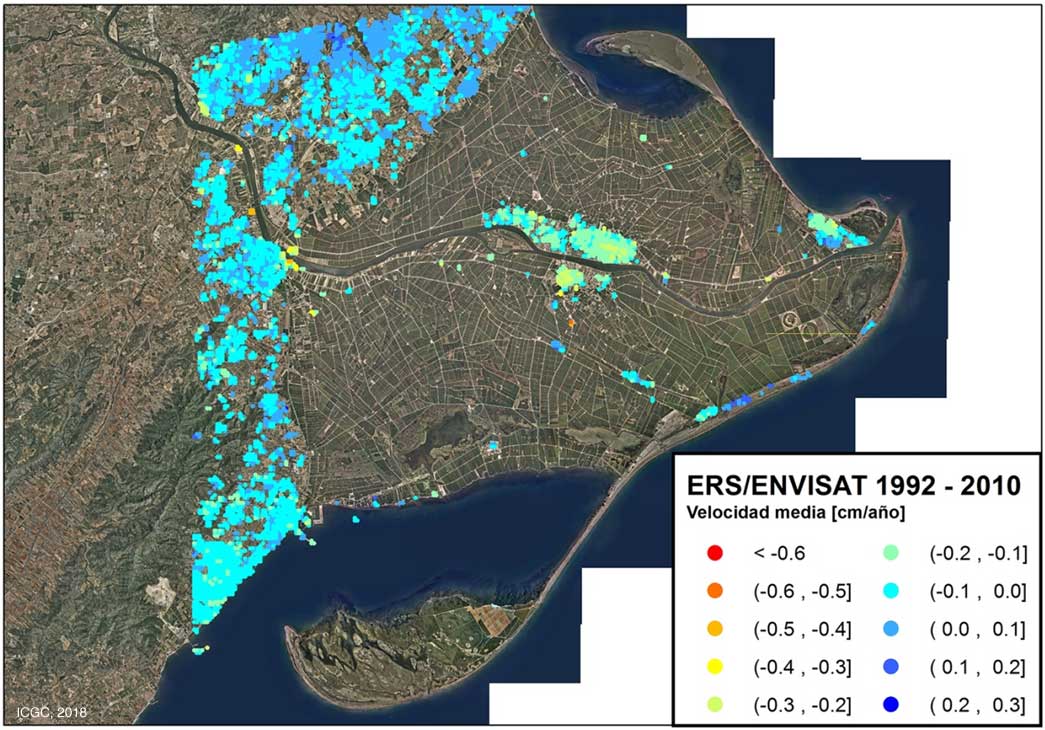 Estudi de moviment vertical del terreny al Delta de l’Ebre amb imatges ERS i ENVISAT. Valors negatius indiquen subsidència