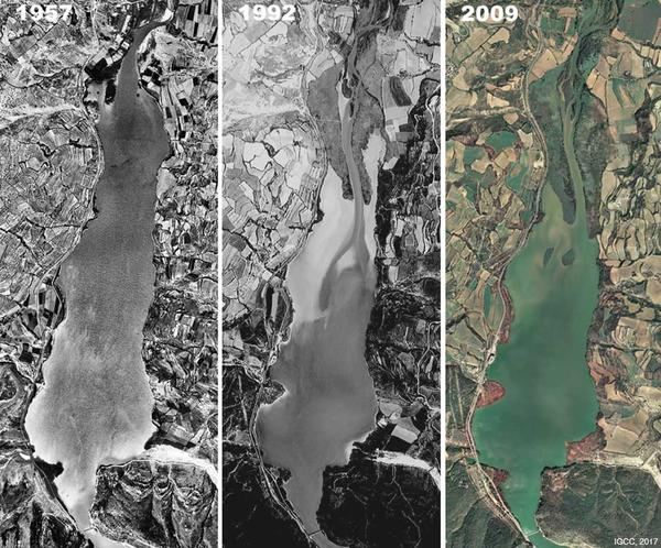 Sediment retention for the construction of the dam of the Terradets reservoir in the Noguera Pallaresa river. The images show the formation of anthropogenic deltas