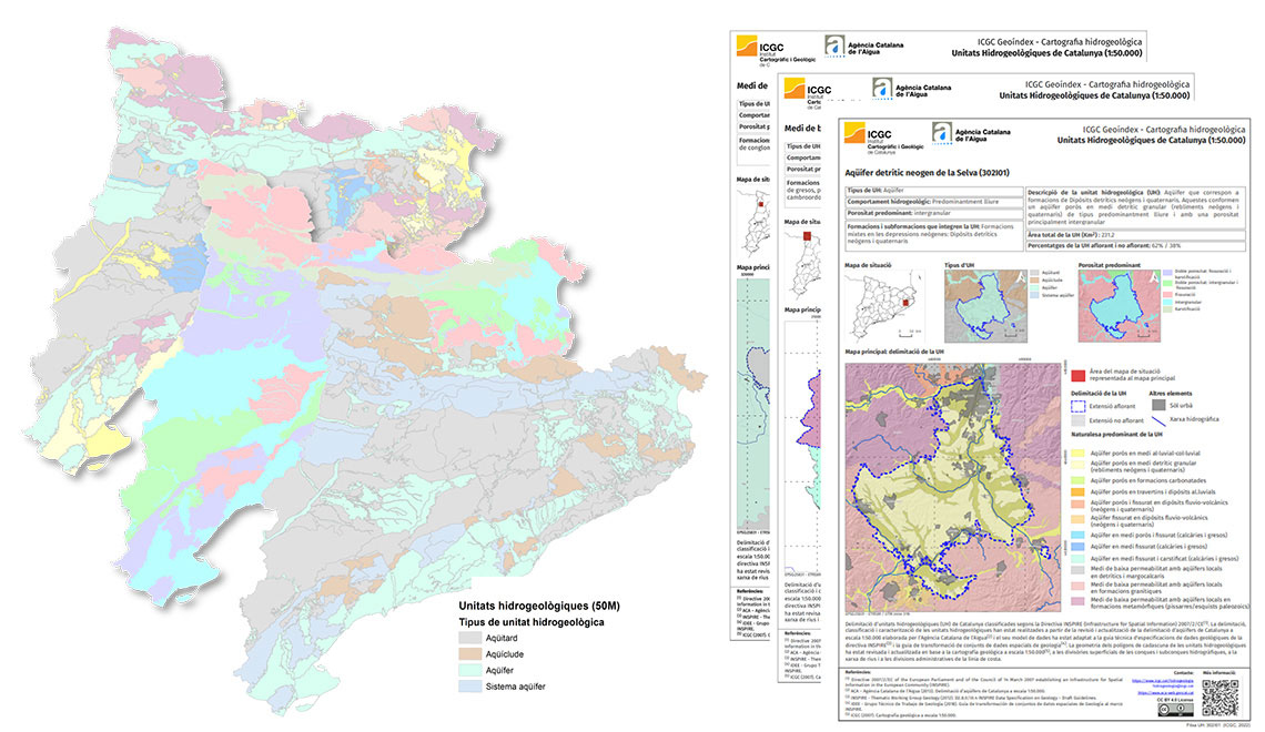 Superposició de 3 mapes de Catalunya amb conques hidrogràfiques dibuixades. Superposició de 3 fitxes d’exemple amb informació gràfica i alfanumèrica.
