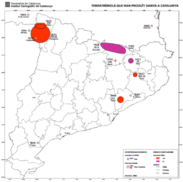 Map of earthquakes that have caused damage in Catalonia.