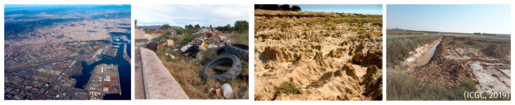 Figura 3. Algunas de las amenazas a las que está expuesto el suelo (sellado, contaminación, erosión y salinización)