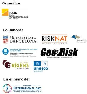 Logos de les entitats que organitzen (ICGC) i col·laboren (Universitat de Barcelona - RISKNAT - Geomodels; Universitat Politèncica de Catalunya - GeoRisk; Geoparc Origens - UNESCO)
