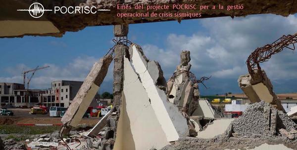 Eines del projecte POCRISC per a la gestió operacional de crisis sísmiques - Imatge amb l'efecte d'un terratremol - logo del POCRISC