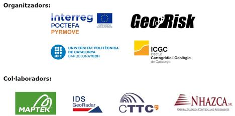 Logos de les entitats organitzadores (Interreg-Poctefa_PyrMove, GeoRisk, Universitat Politècnica de Catalunya, Institut Cartogràfic i Geològic de Catalunya)  i col·laboradores (Maptek, IDS Georadar, CTTC i Nhazca)