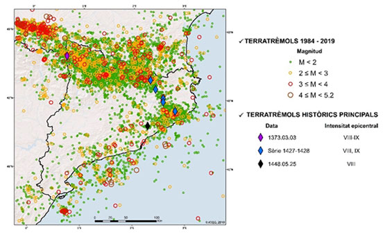 mapa d'enregistraments sísmics a Catalunya